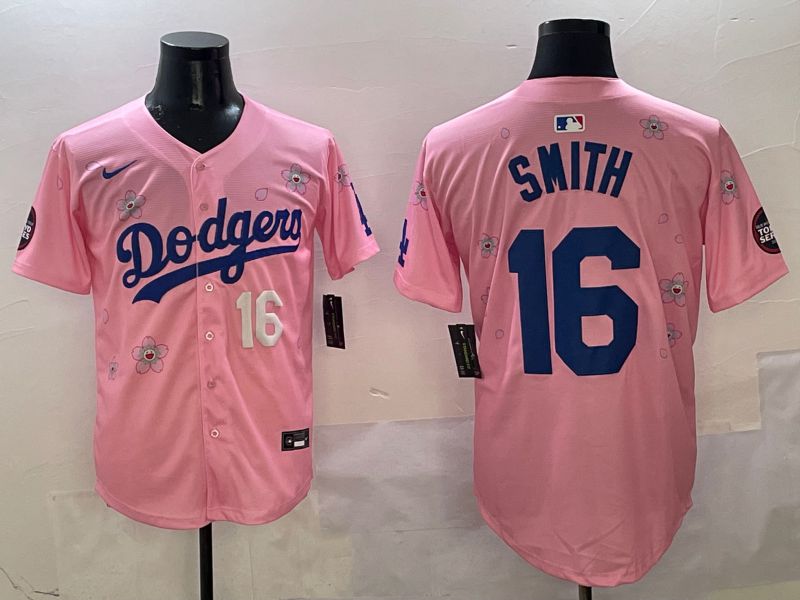 Men Los Angeles Dodgers 16 Smith Pink Sakura Edition 2025 Nike MLB Jersey style 5